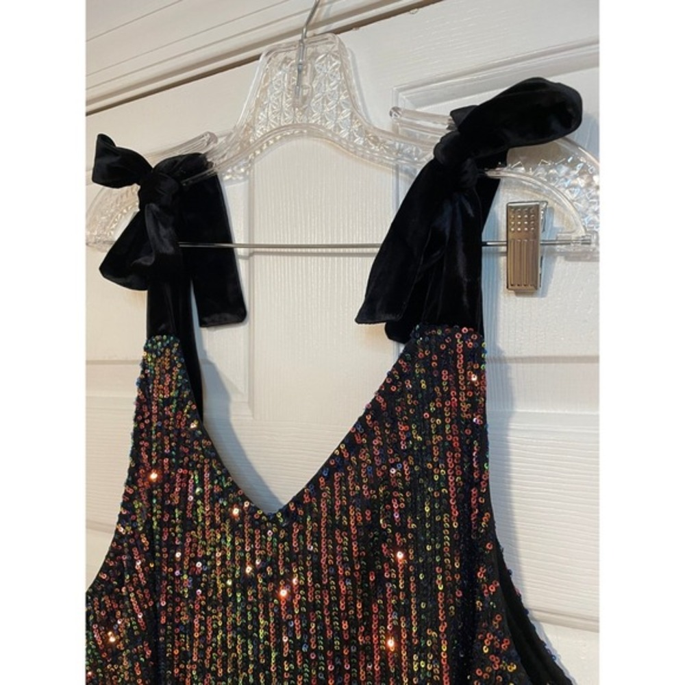 NEW XL Sequin Tank Top Girls Night Out V Neck Velvet Tie Strap Sparkle  Jess Lea